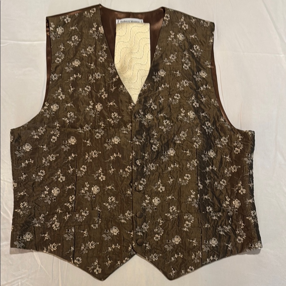 Robert Mager Paris Floral Brown Silk Waistcoat Vest with Matching Tie - Picture 7 of 7